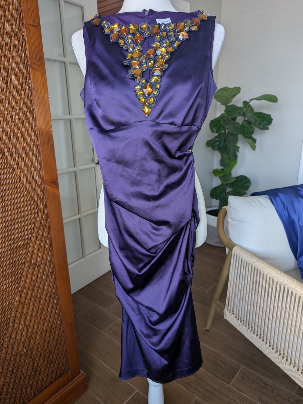 Cache Elegant Purple Beaded Satin Evening Ruched Dress XS
